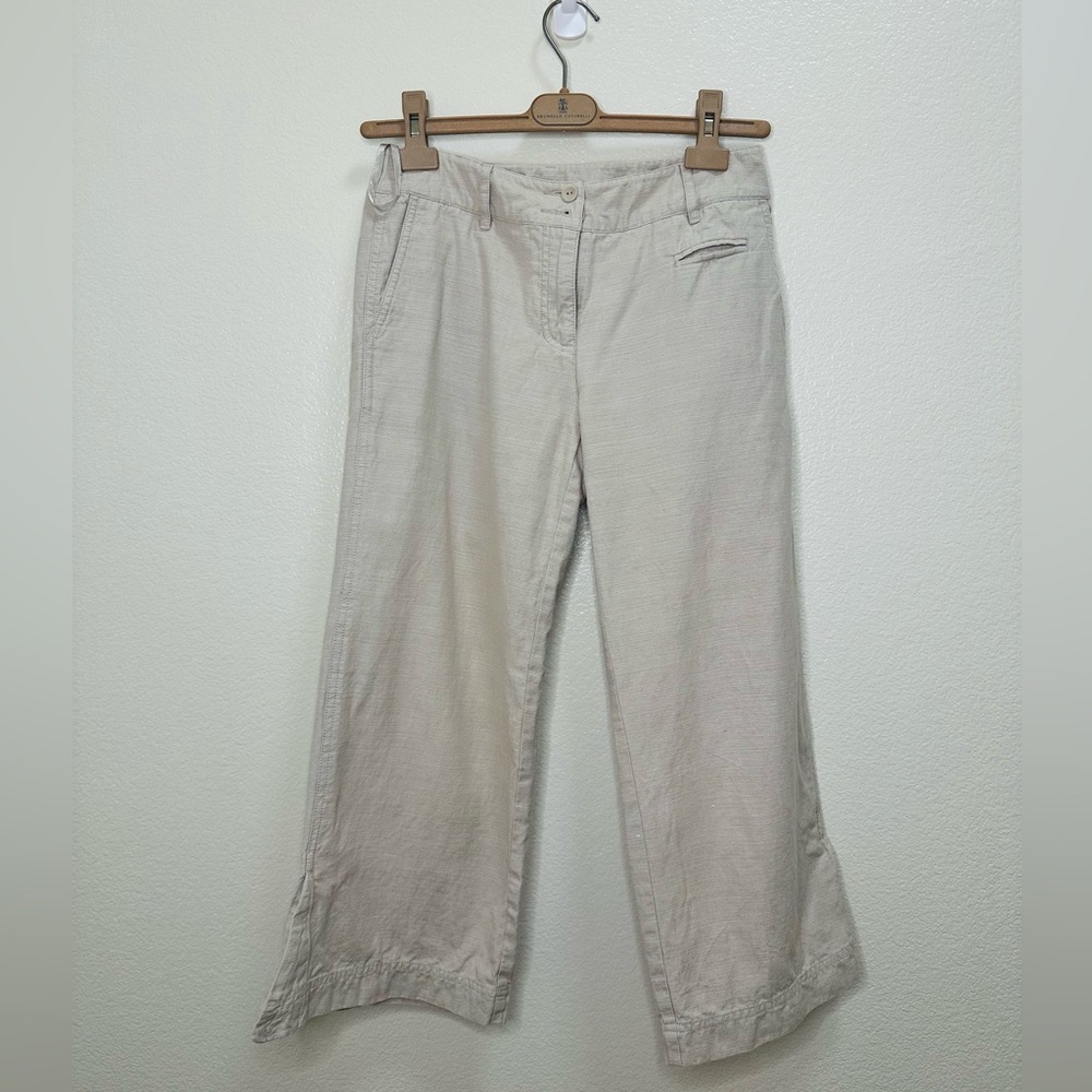 Eileen Fischer Petite 100% Cotton Oatmeal Crop Wide Leg Trousers Culottes Lagen
